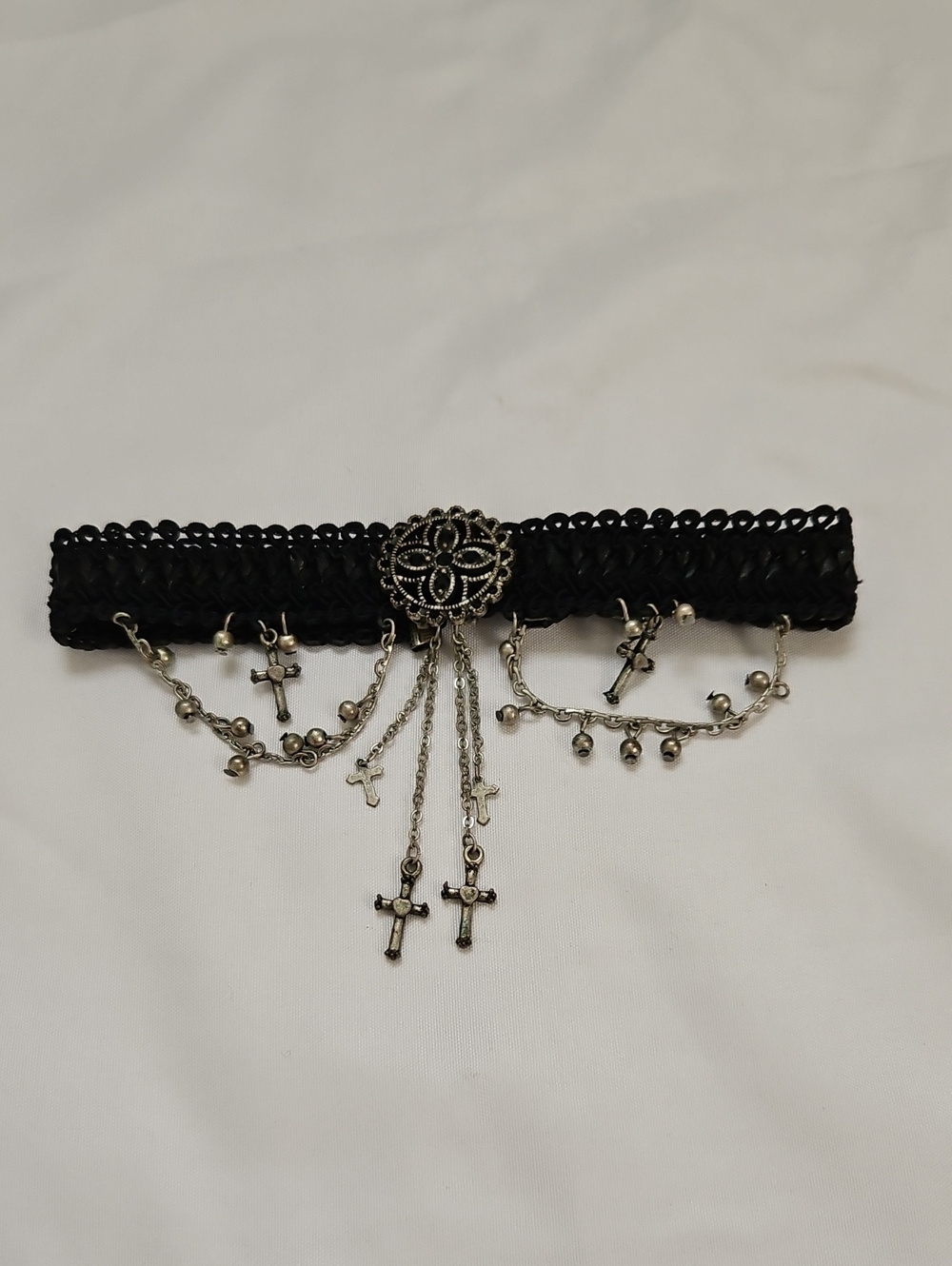Hot Topic Black Lace Choker Necklace with Silver Cross Charms